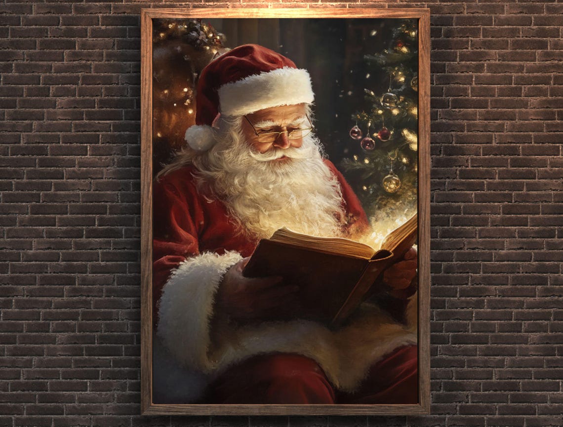 Santa Claus Reading Glowing Book by Christmas Tree Cozy Art Poster - Image 7