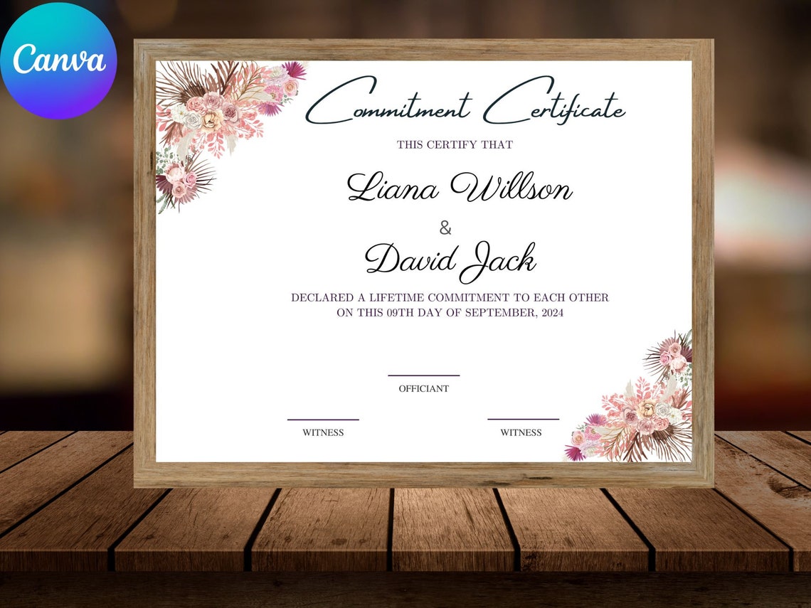 Elegant Floral Commitment Certificate Wedding Vow Keepsake Print