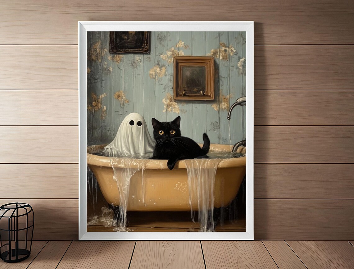 Black Cat and a Cute Ghost in a Spooky Overflowing Bathtub Poster - Image 2