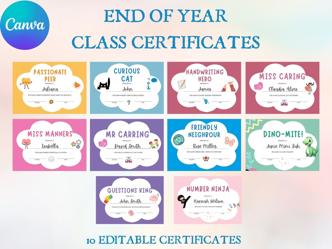 End of Year Class Certificates Editable Set of 10 Teacher Print
