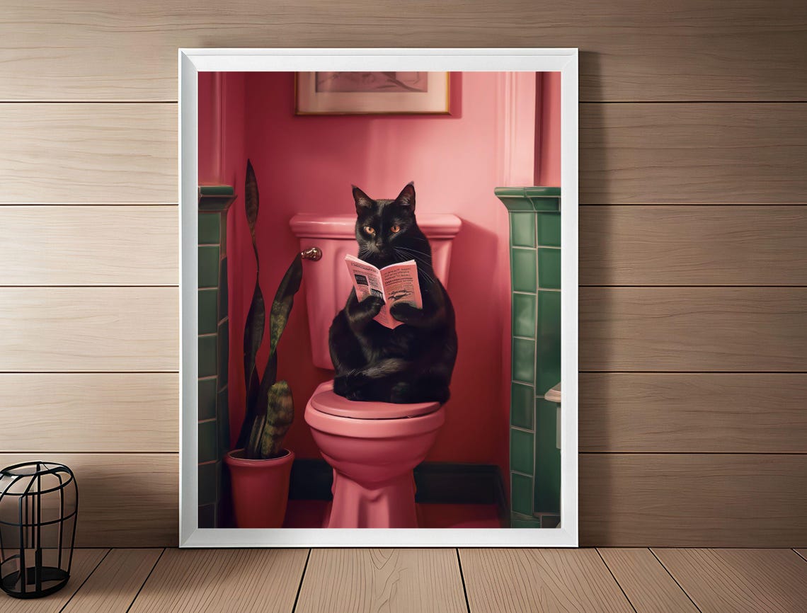 Black Cat Reading a Newspaper on a Retro Pink Toilet Funny Poster - Image 2