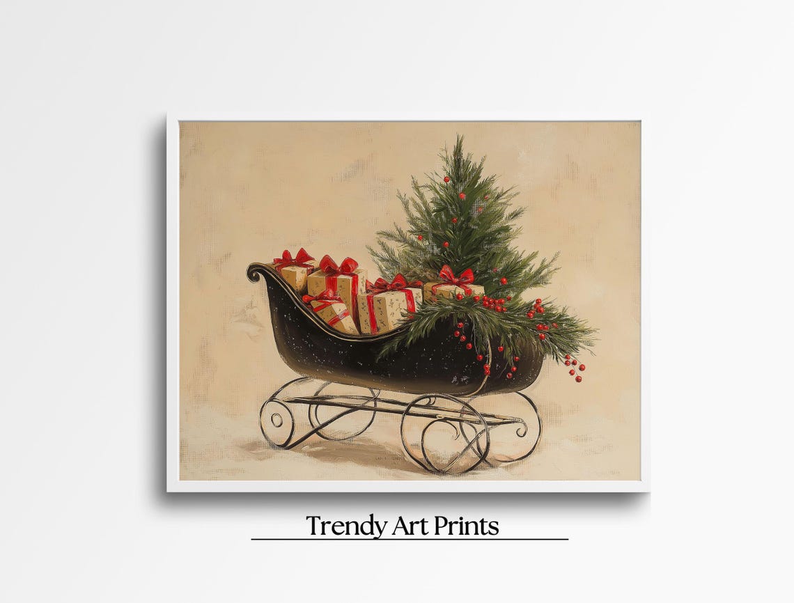 Vintage Christmas Sleigh with Gifts and Tree Rustic Holiday Poster - Image 8