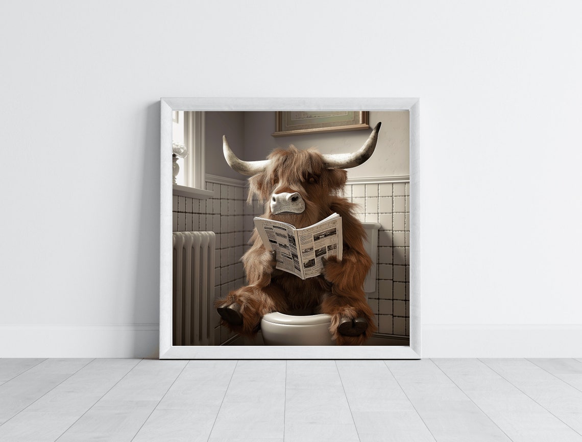 Funny Highland Cow Sitting on Toilet Reading Newspaper Poster - Image 3
