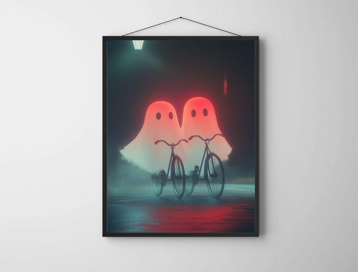 Two Glowing Red Ghosts Riding Bicycles Down a Neon Street Poster - Image 5