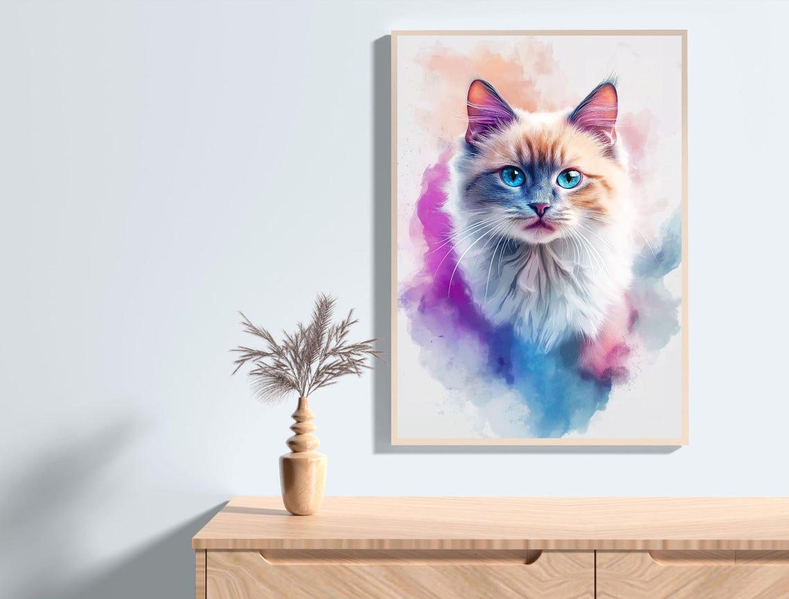 Blue Eyed Kitten Watercolor Portrait Pastel Splash Cat Poster - Image 2