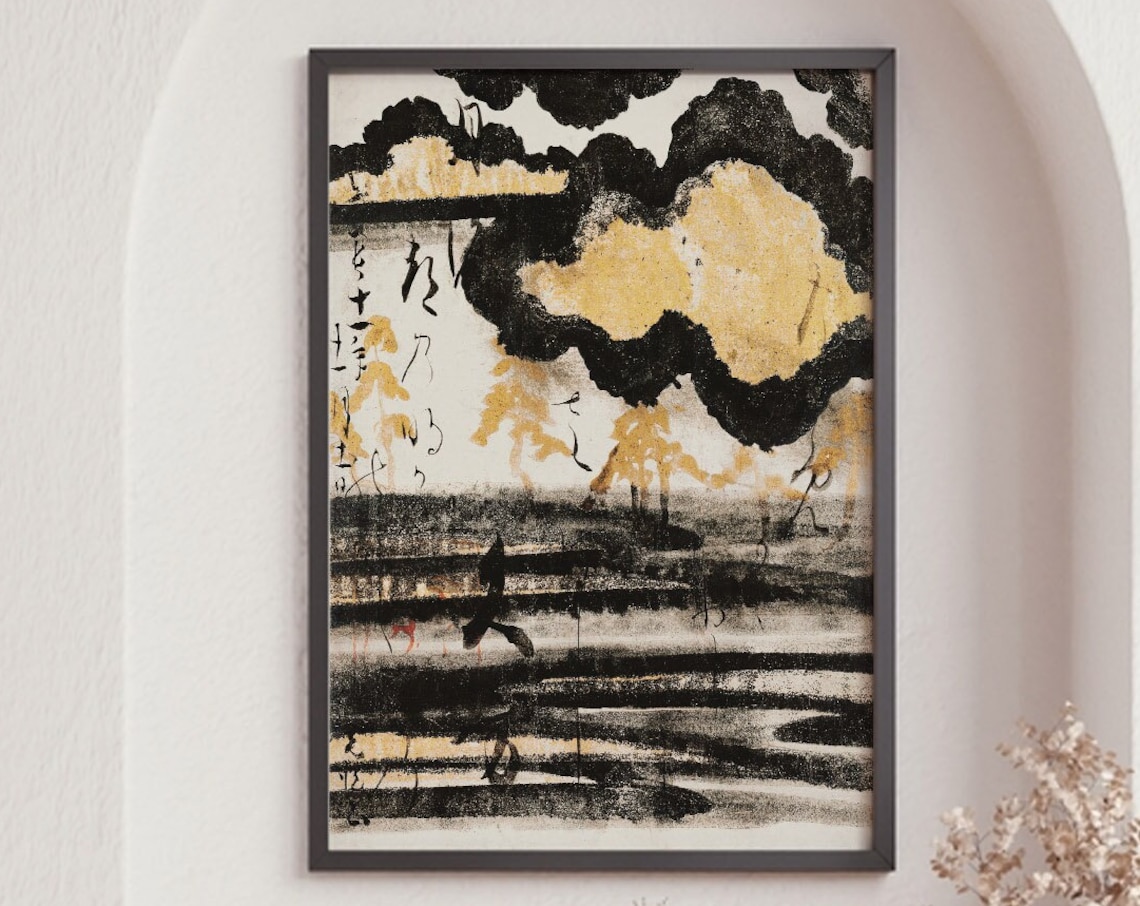 Vintage Japanese Poem Card Calligraphy Ink Painting Wall Art Poster