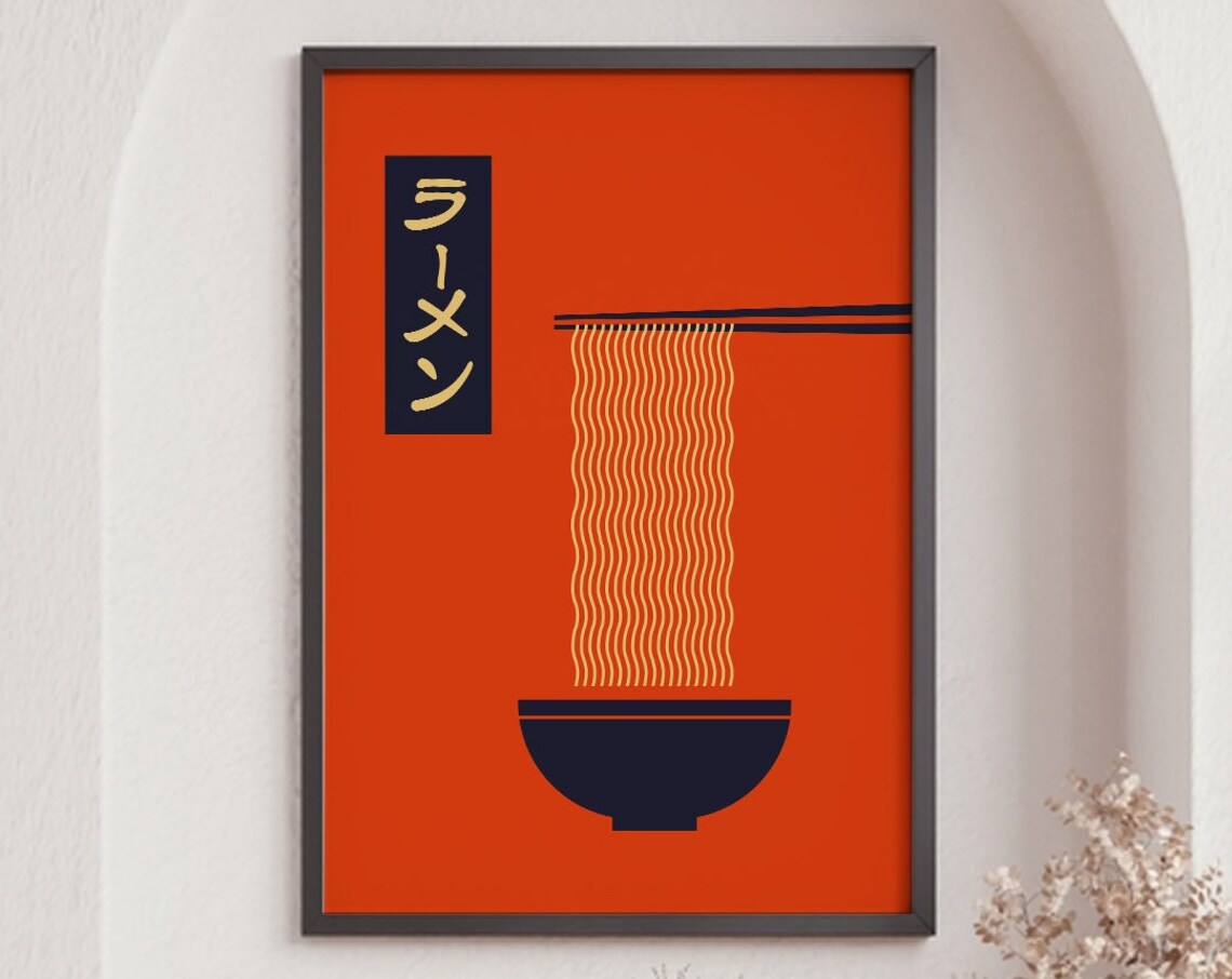 Minimalist Ramen Noodle Bowl Orange Japanese Kitchen Wall Art Poster
