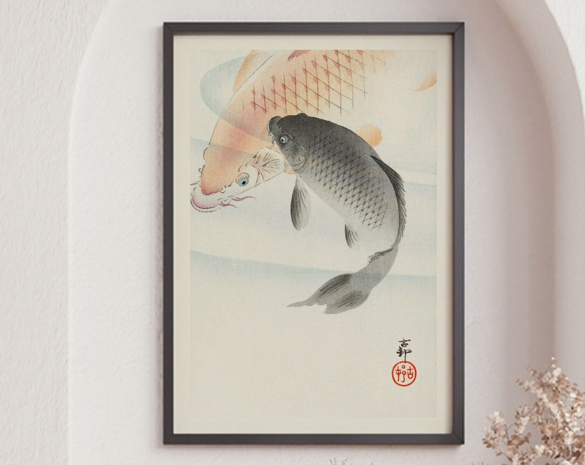 Ohara Koson Two Koi Carp Fish Swimming Japanese Vintage Art Poster