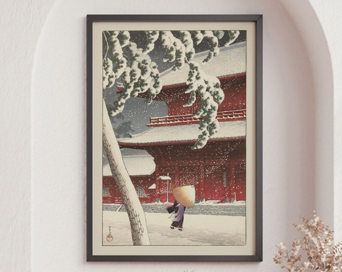 Kawase Hasui Snow at Zojoji Temple, Vintage Poster