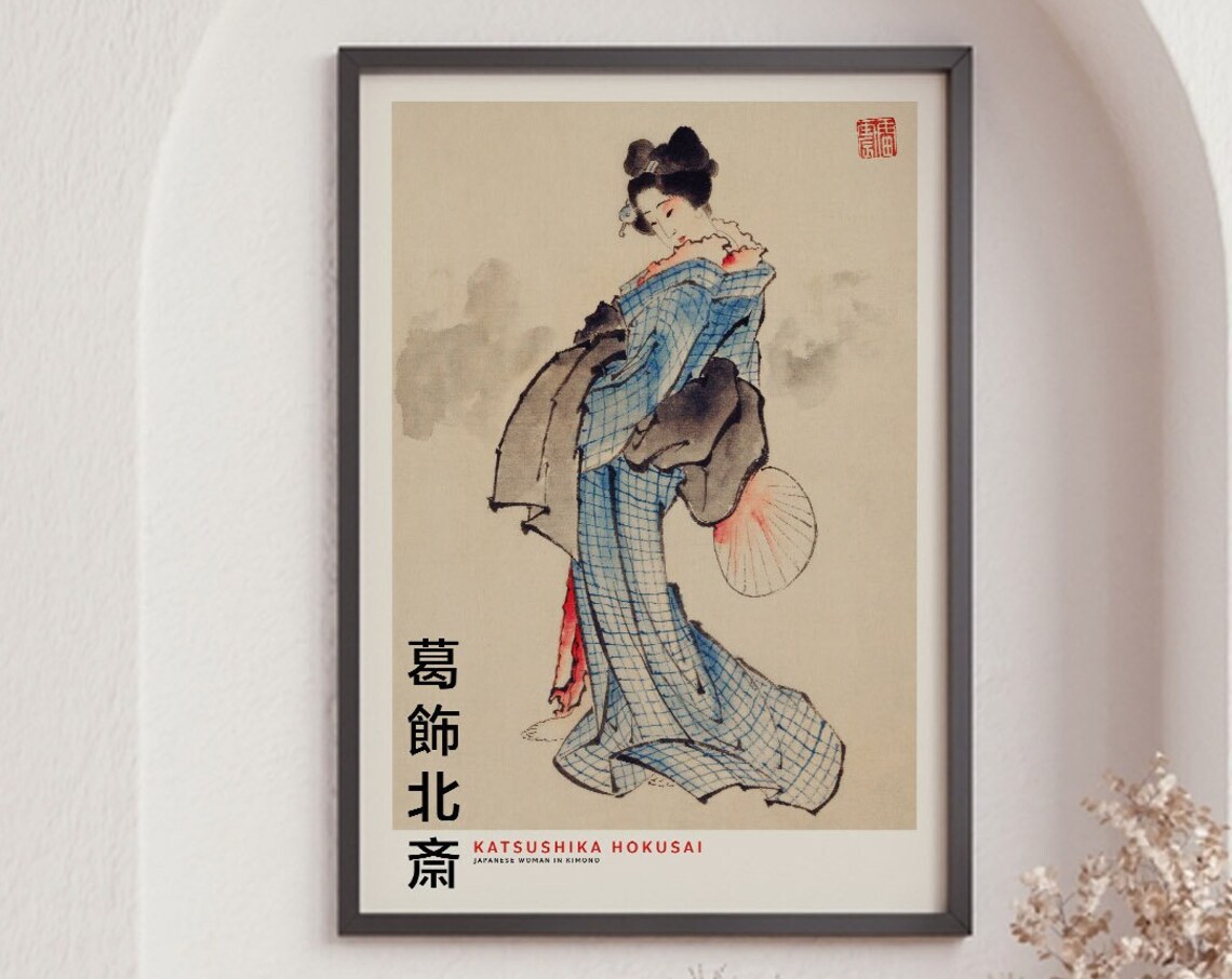 Katsushika Hokusai Japanese Woman in Blue Kimono Full Length Ukiyo E Art Poster