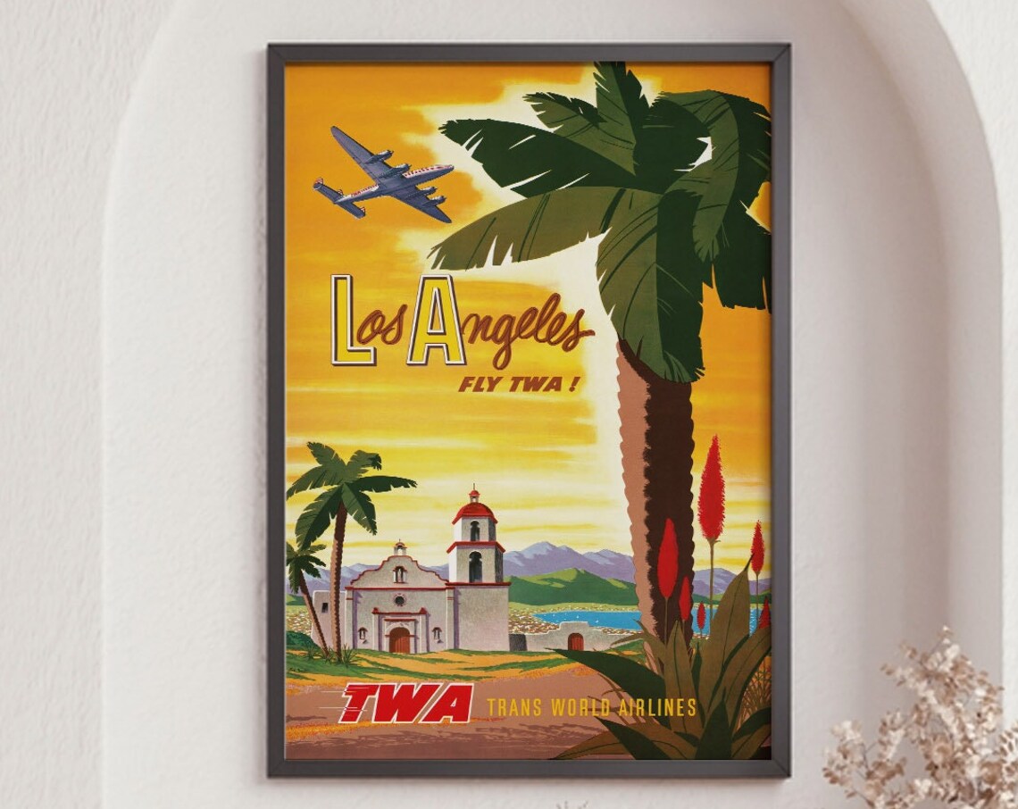 Los Angeles Vintage TWA Airline Palm Mission Retro Travel Poster Print