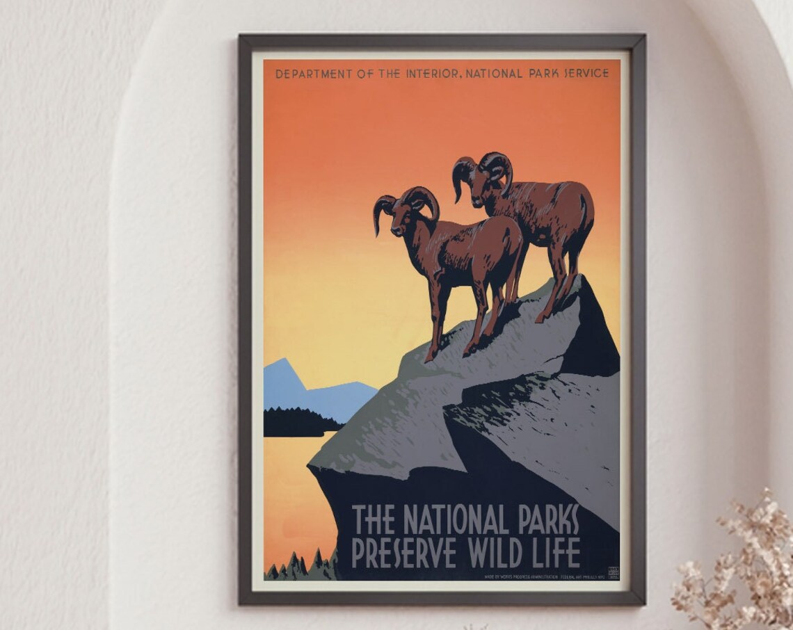 National Parks Bighorn Sheep Sunset WPA Vintage Wildlife Poster Print