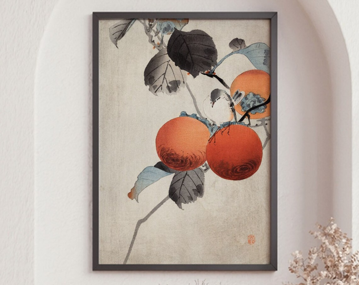 Ohara Koson Nuthatcher Atop Persimmons Vintage Art Print