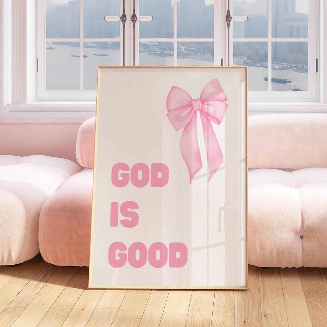 God Is Good Pink Bow Christian Faith Quote Nursery Room Poster - Image 3