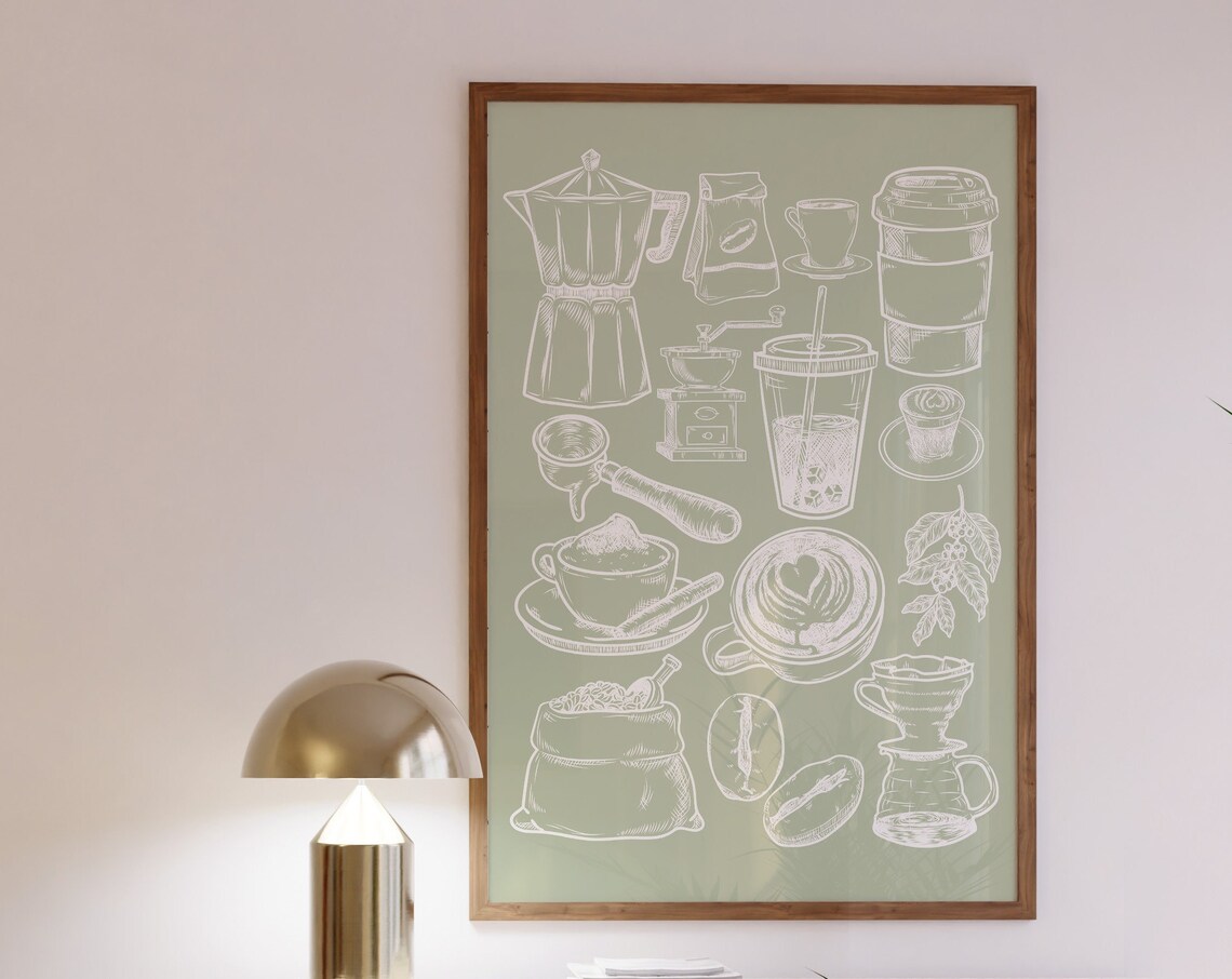Sage Green Kitchen Coffee Icons Line Art Barista Decor Wall Art