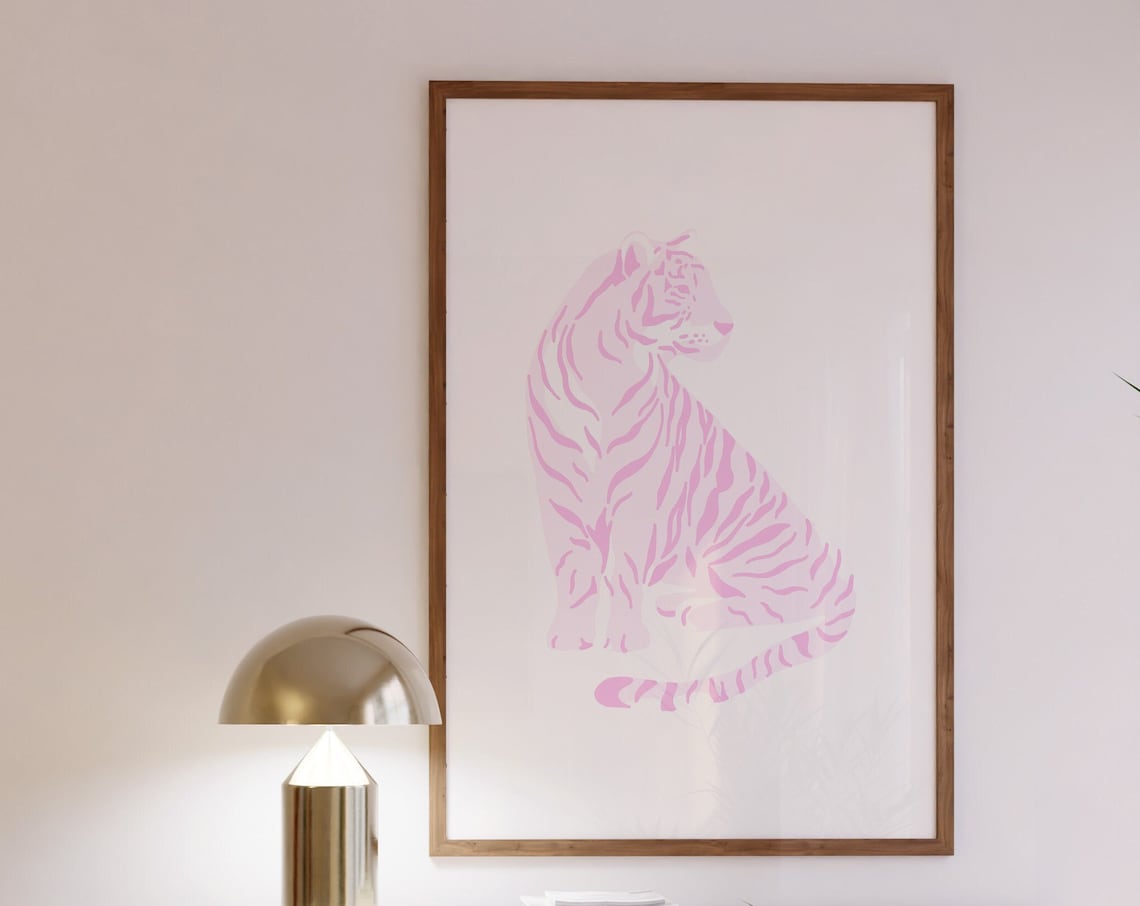 Pink Tiger Minimalist Line Art Poster Preppy Room Decor Piece