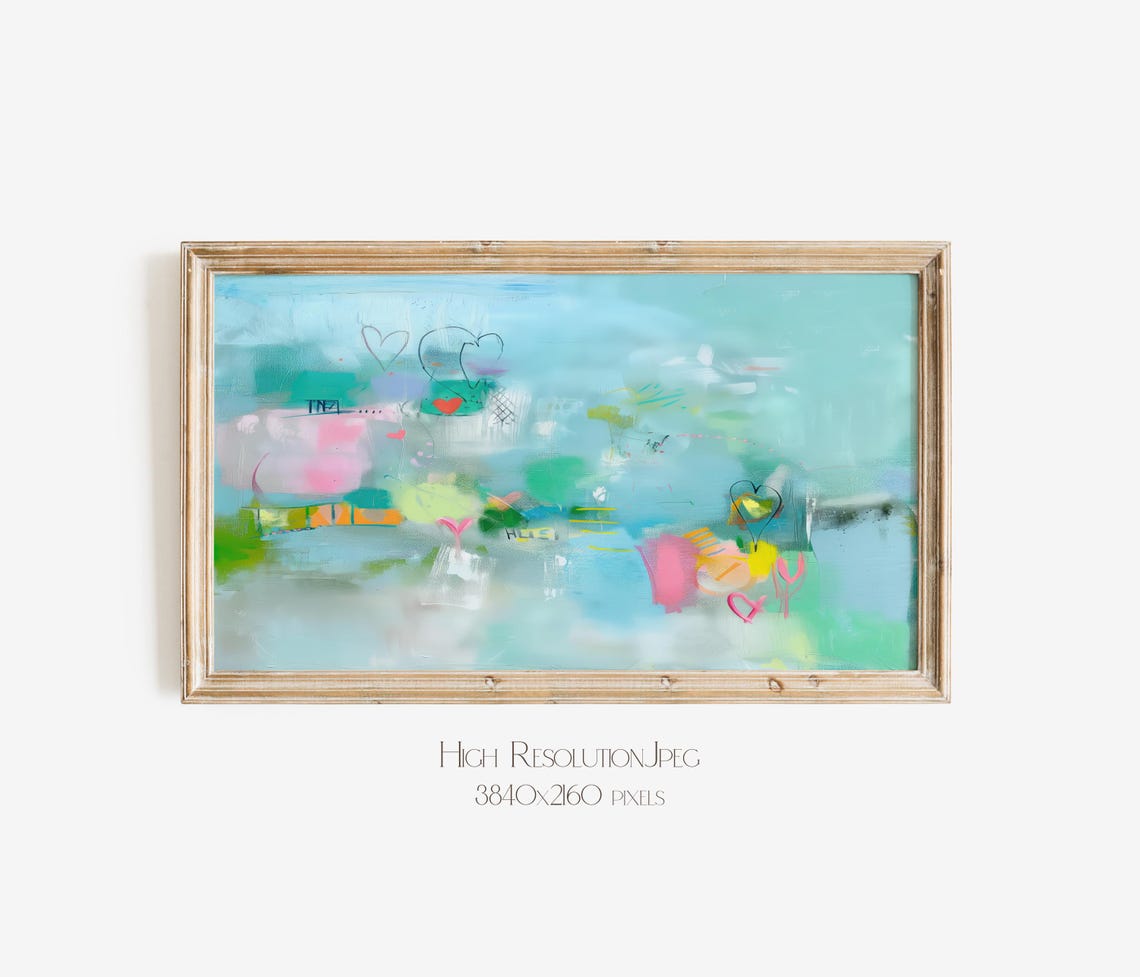 Aqua Blue Abstract Painting With Heart Doodles And Pink Marks Poster - Image 4