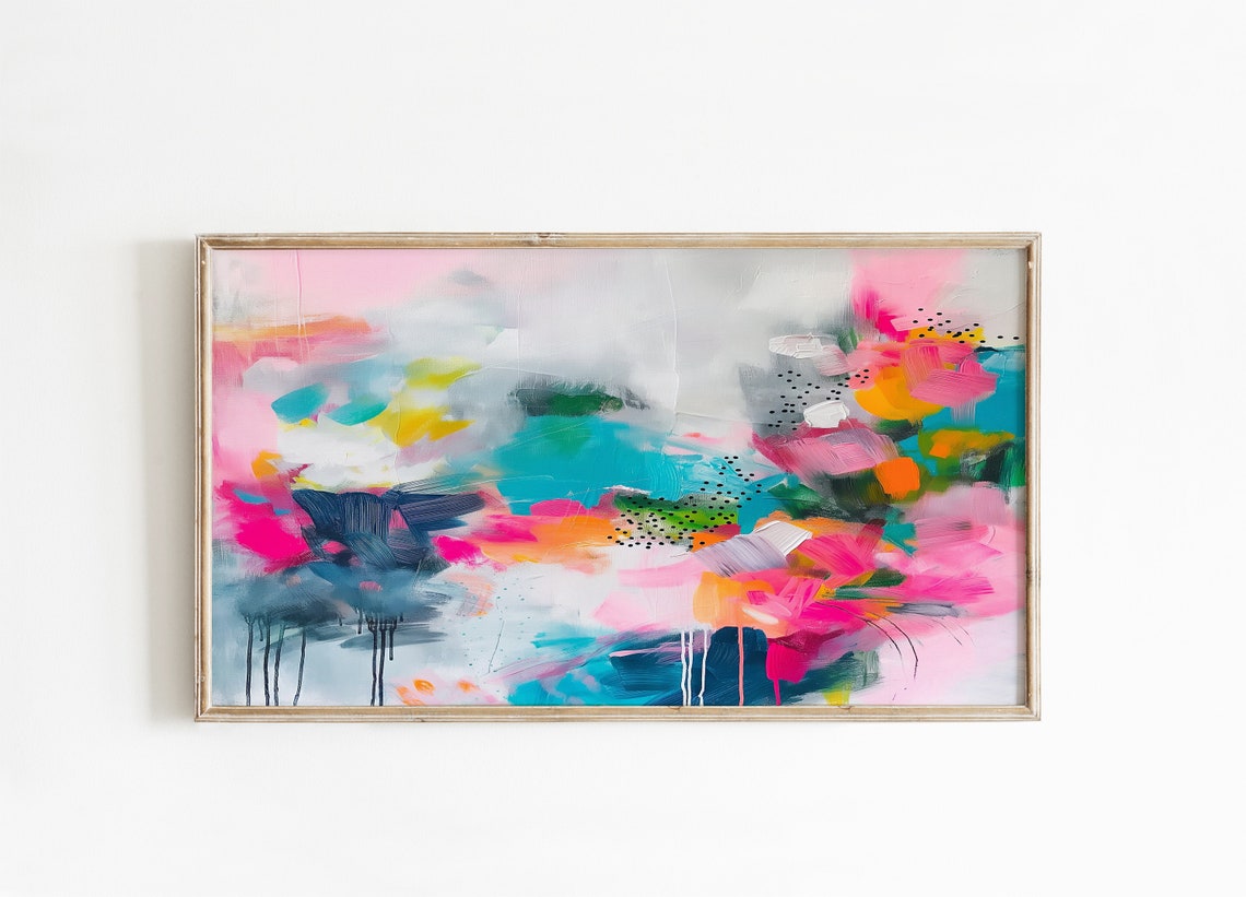 Bold Pink Teal Abstract Painting With Expressive Drips Wall Poster
