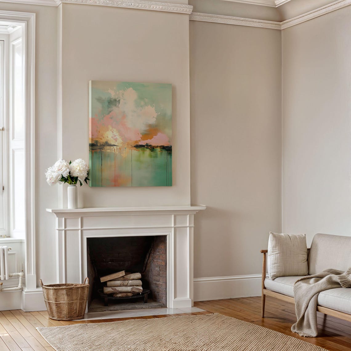 Green Pink Sunset Horizon Vertical Abstract Oil Painting Wall Art - Image 5