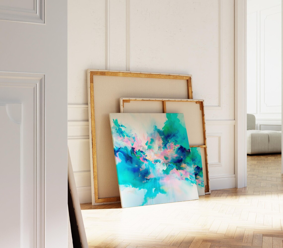 Vivid Turquoise Pink Splash Energetic Abstract Canvas Square Wall Art