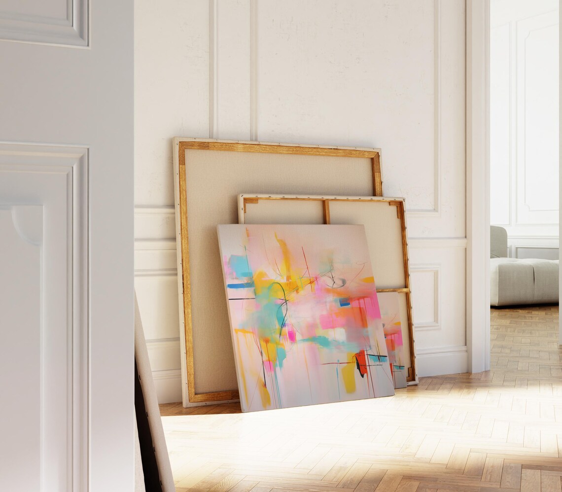 Soft Pastel Pink Yellow Abstract Brushstroke Modern Wall Art - Image 3