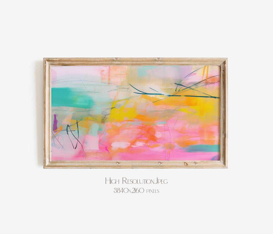 Pastel Pink Teal Orange Abstract With Black Gestural Line Marks Poster - Image 5