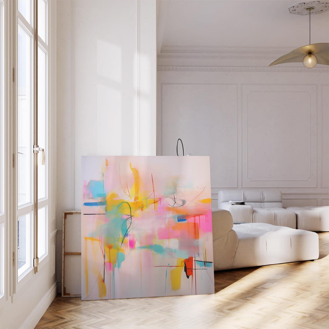 Soft Pastel Pink Yellow Abstract Brushstroke Modern Wall Art - Image 4