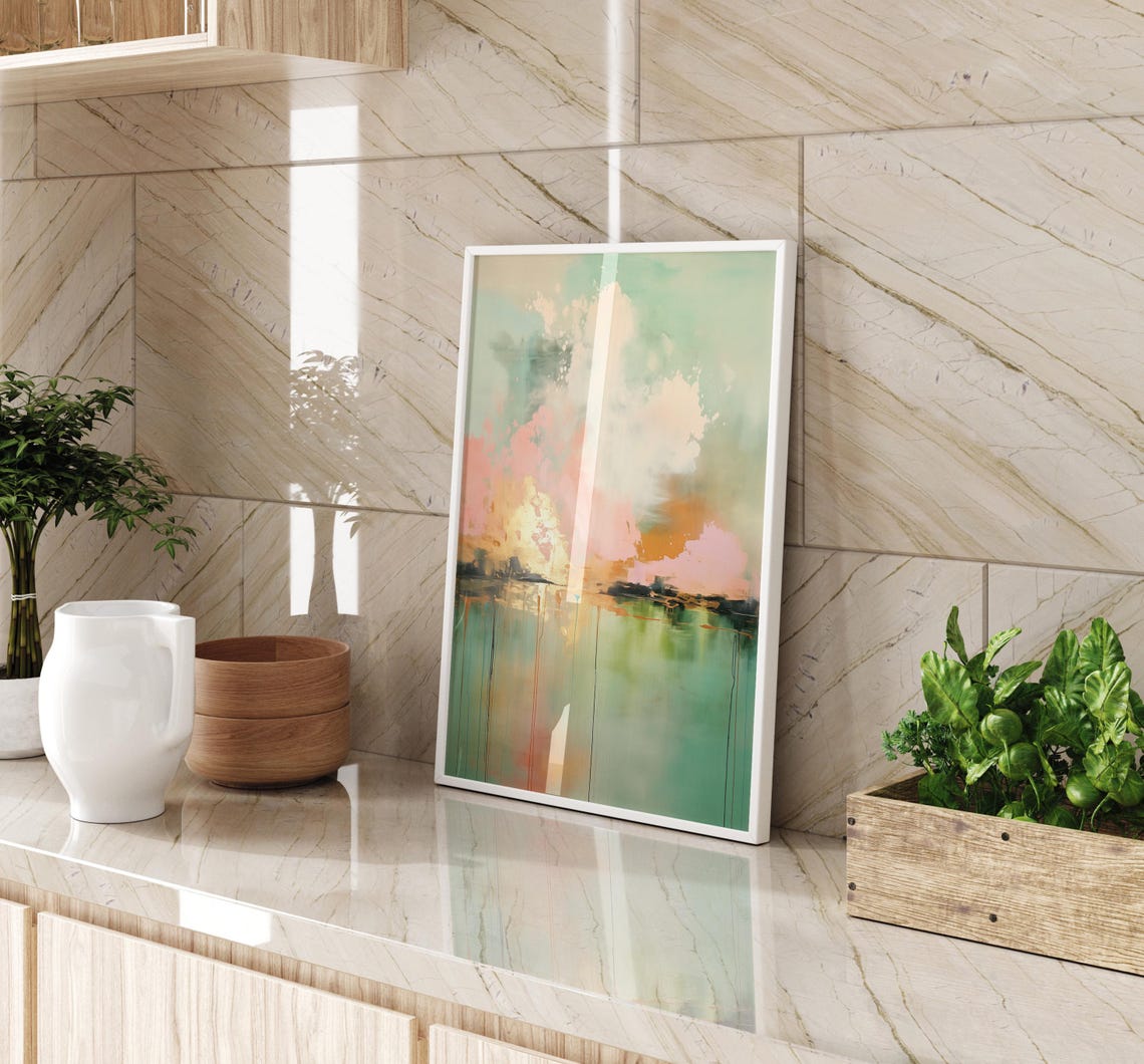 Green Pink Sunset Horizon Vertical Abstract Oil Painting Wall Art - Image 3