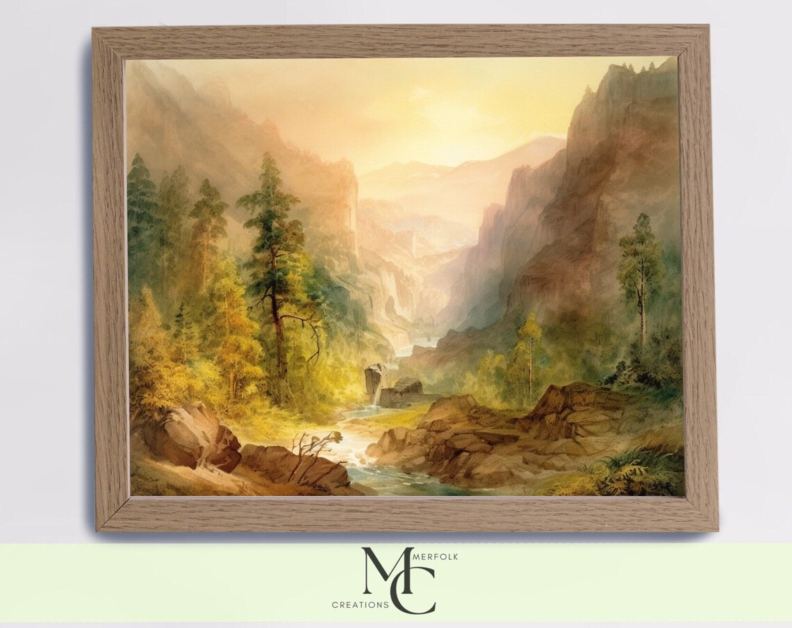 Sunlit Canyon Gorge with Pine Trees and a Stream Watercolor Poster