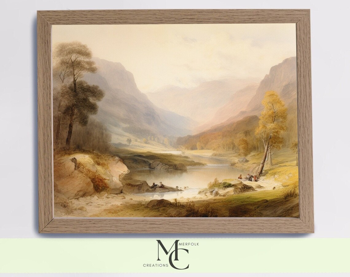 Misty Mountain Valley Lake with Anglers Watercolor Landscape Poster
