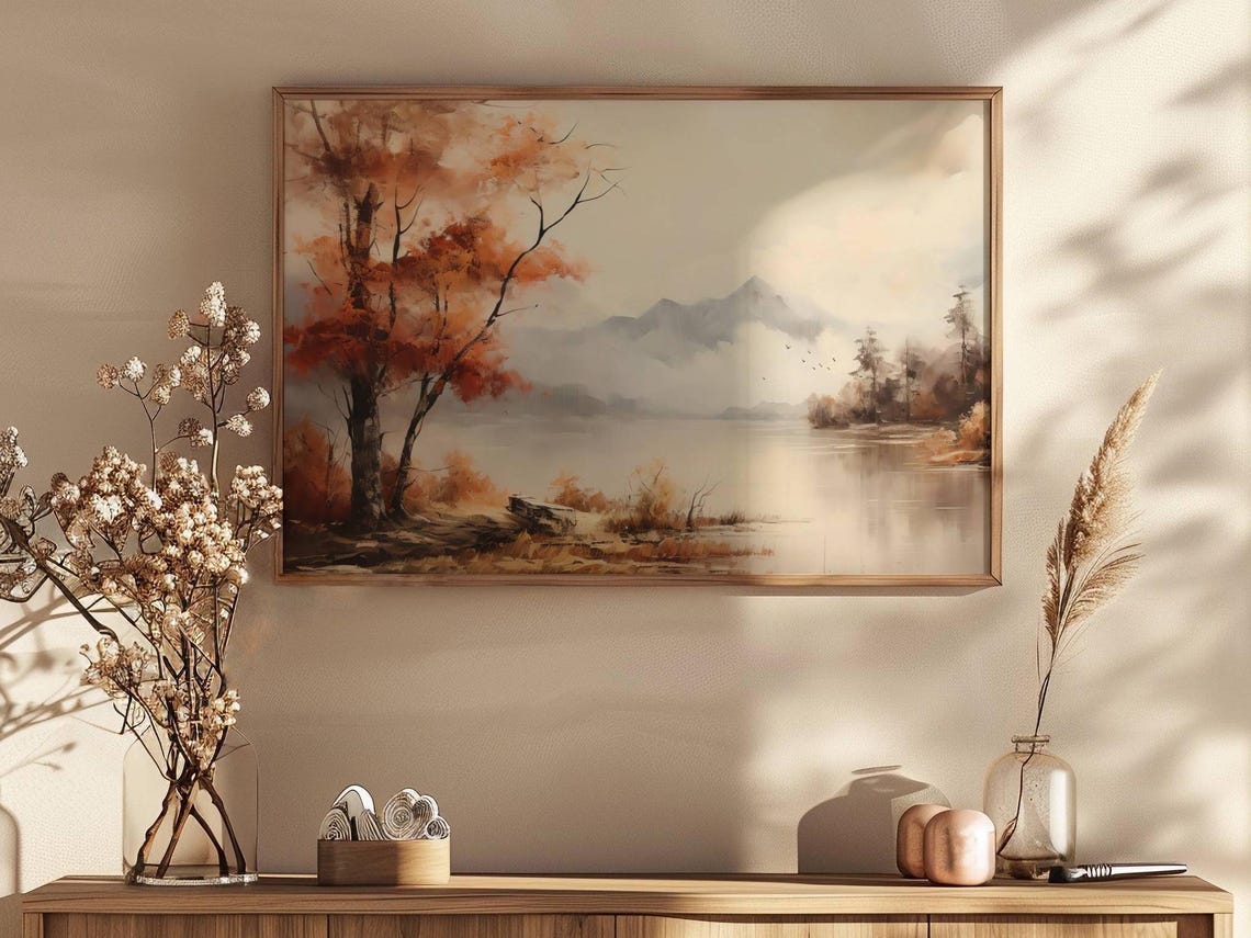 Fiery Autumn Trees by Misty Mountain Lake Fall Landscape Art Poster - Image 2