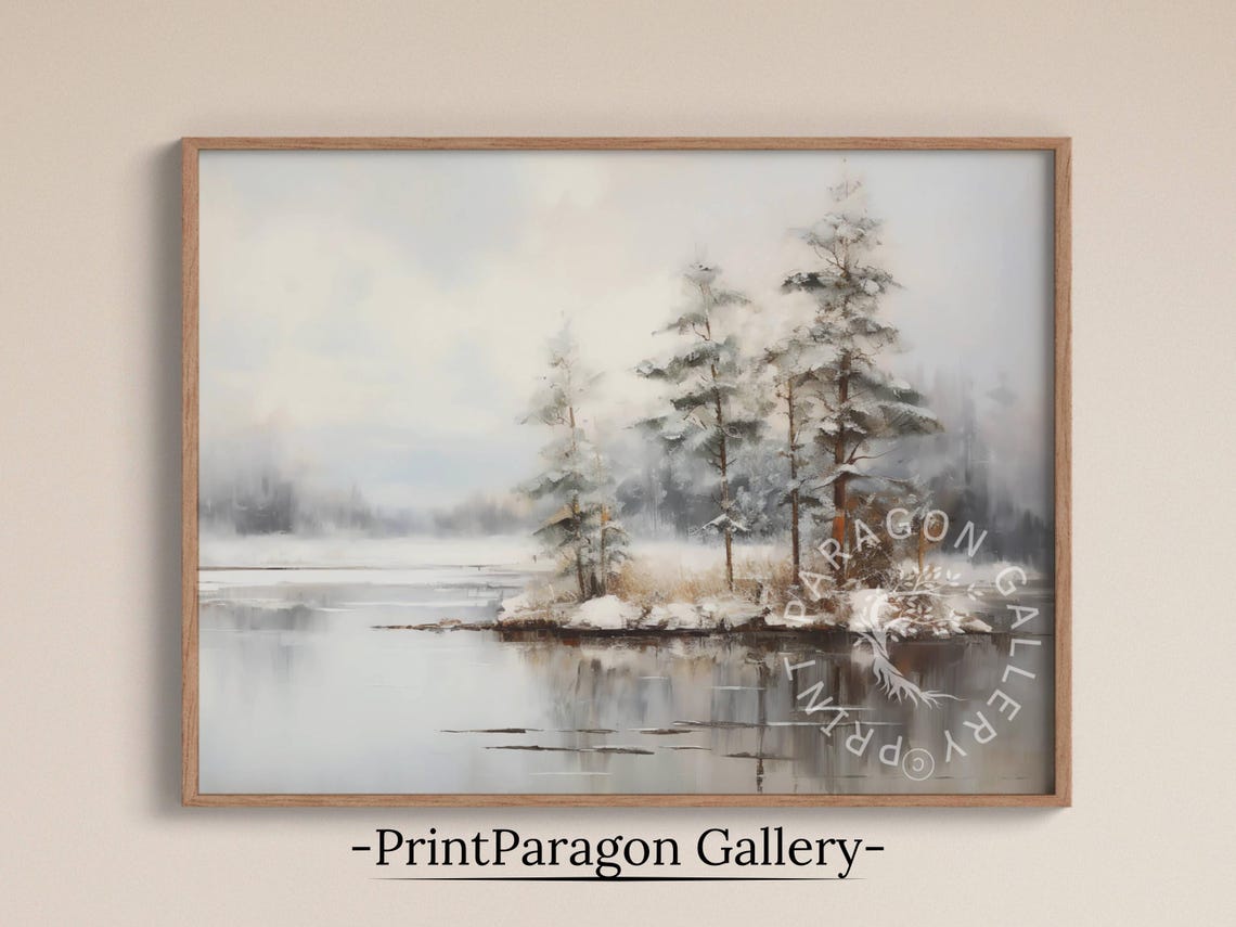 Snowy Pine Trees On Winter Lake Island Minimalist Landscape Poster
