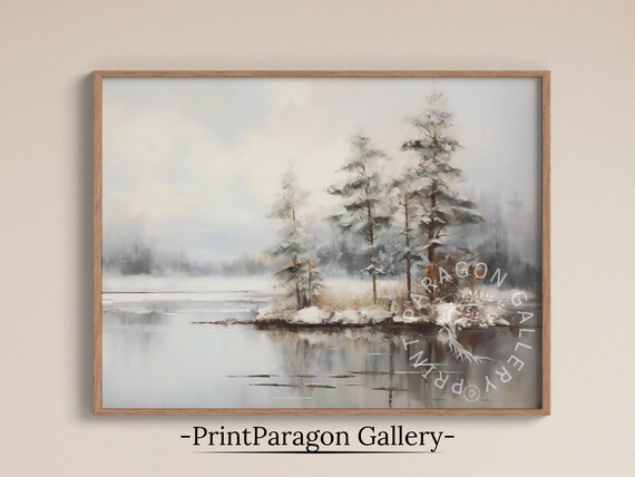 Snowy Pine Trees On Winter Lake Island Minimalist Landscape Poster