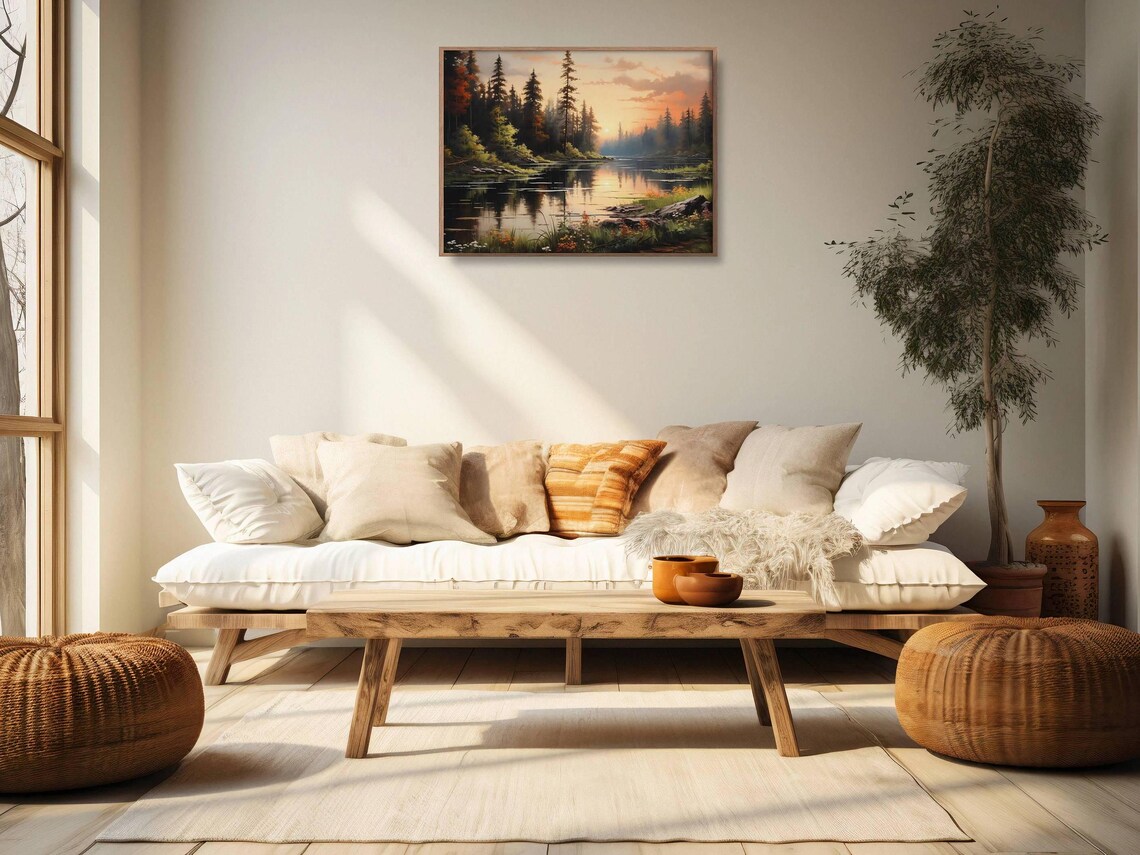 Sunset Over Pine Forest Lake Golden Glow Oil Painting Nature Wall Art - Image 2