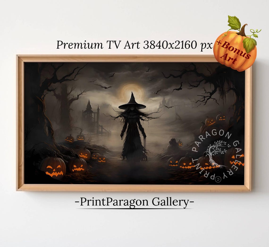 Dark Witch in Foggy Halloween Forest Jack O Lantern Moon Poster