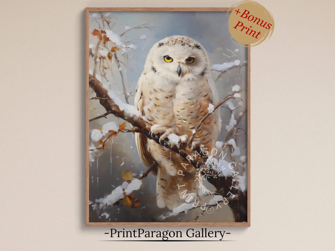 Majestic Snowy White Owl Perched on a Snow Covered Branch Wall Art