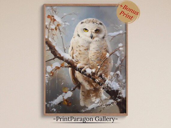 Majestic Snowy White Owl Perched on a Snow Covered Branch Wall Art