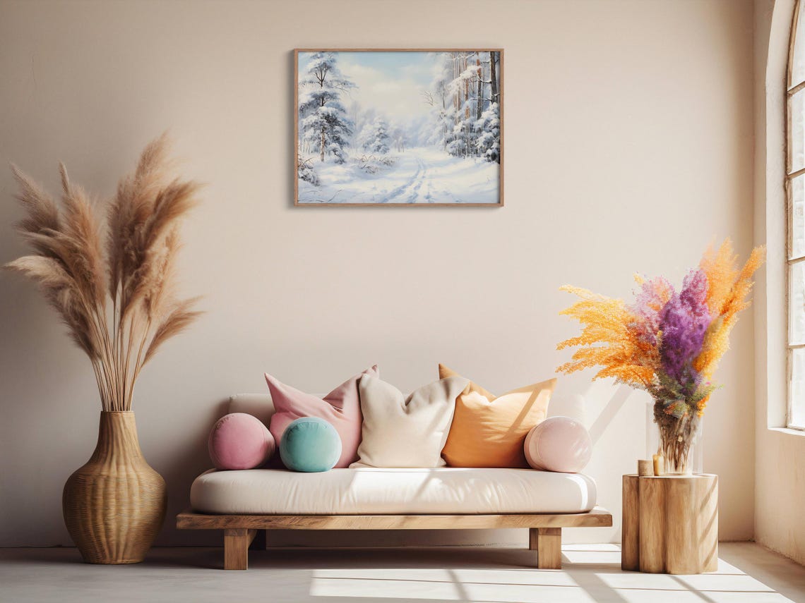 Snowy Forest Path Between Snow Laden Trees Bright Winter Wall Art - Image 2