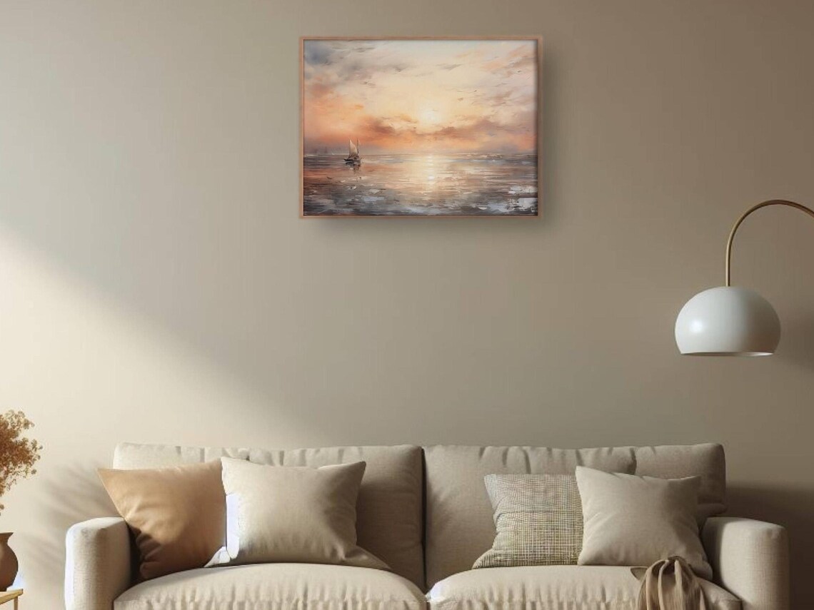 Lone Sailboat at Sunset Pastel Ocean Seascape Painting Poster - Image 2