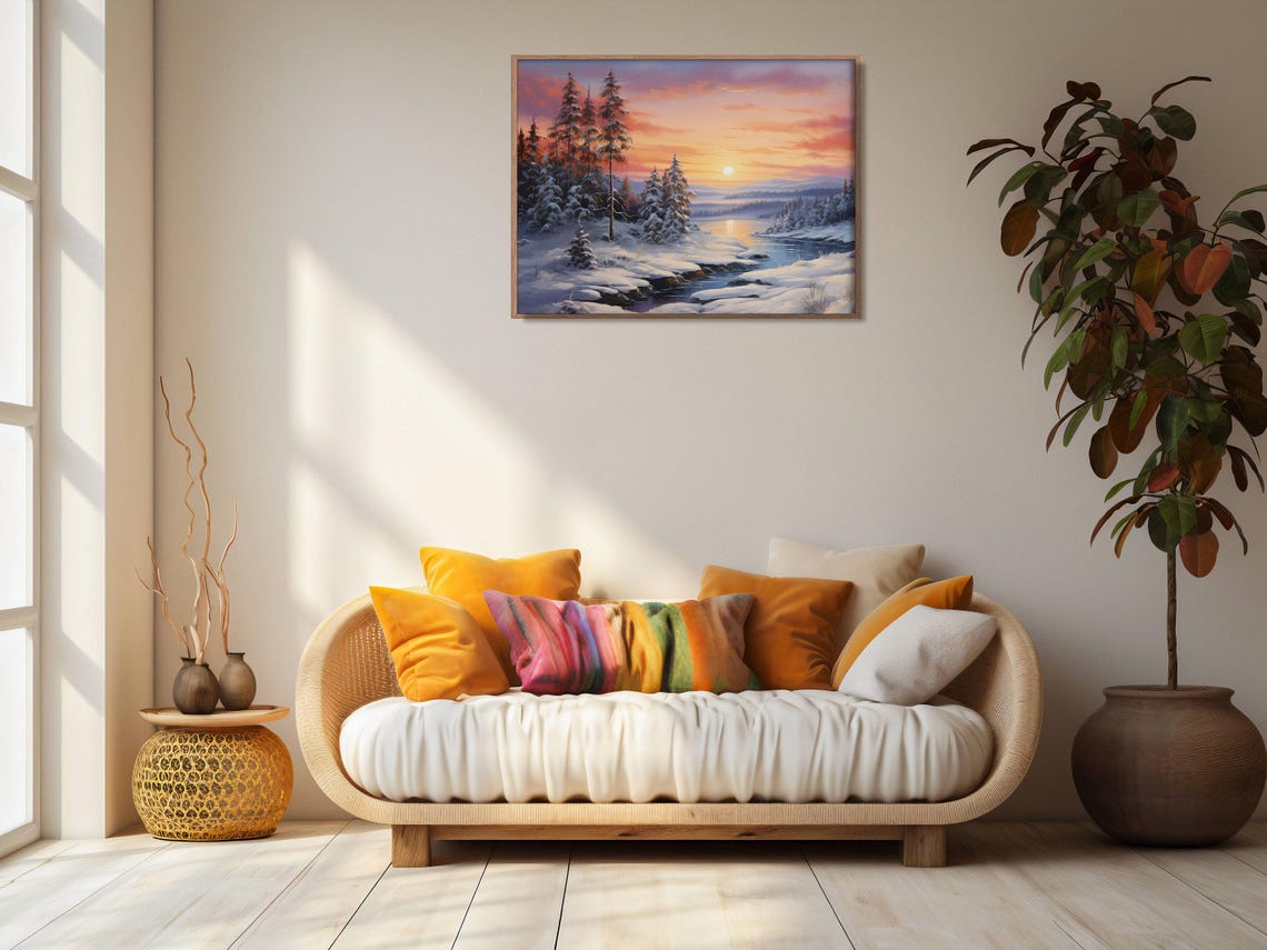 Snowy Pine Forest Winter Sunset Stream Oil Painting Rustic Wall Art - Image 2