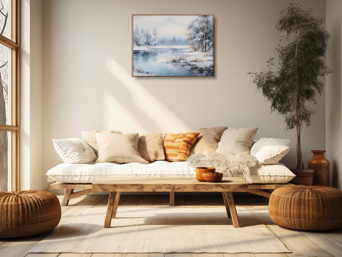 Snowy Forest Pond Winter Watercolor Soft Blue Landscape Nature Wall Art - Image 2