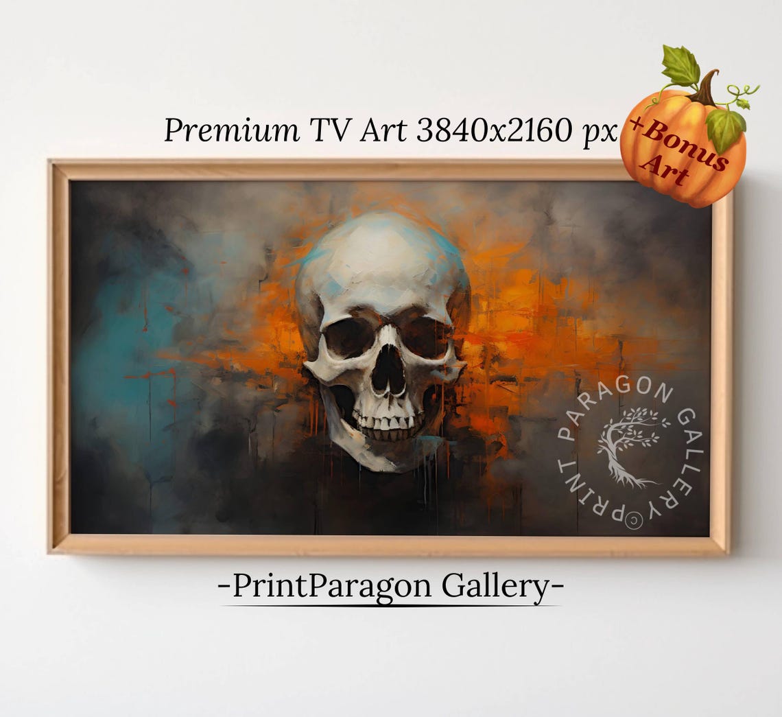 Painted Skull Abstract Orange Teal Modern Gothic Decor Poster
