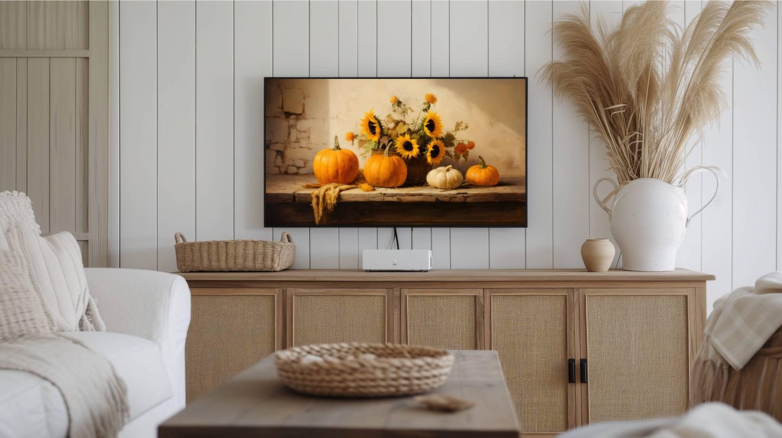 Sunflower and Pumpkin Harvest Still Life Rustic Autumn Wall Art - Image 2