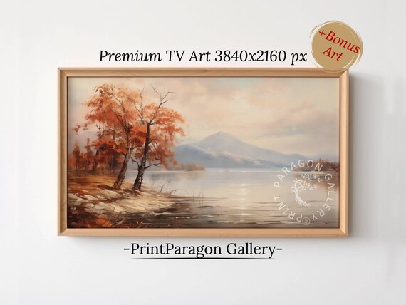 Golden Autumn Lakeshore Painting Orange Trees Calm Mountain Lake Poster