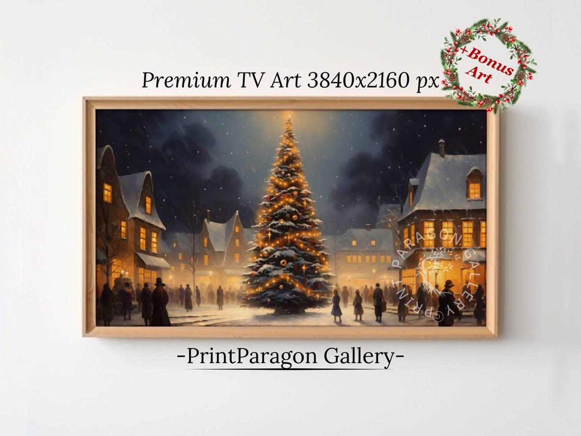 Christmas Tree Glowing in a Snowy Village Square Night Scene Poster
