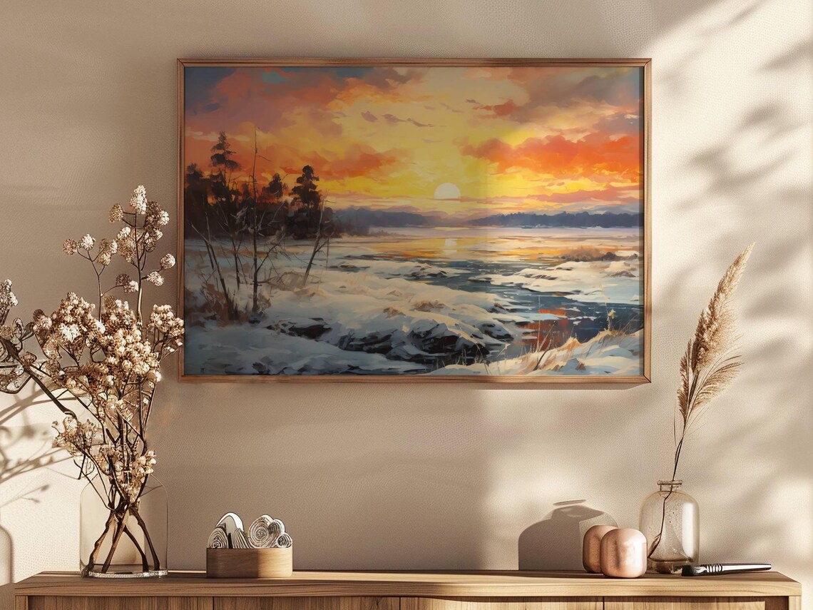 Winter Sunset Over Frozen Lake Snowy Shore Oil Painting Nature Wall Art - Image 2
