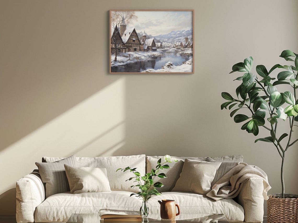 Snow Covered Old Town Timber Houses River Winter Landscape Poster - Image 2