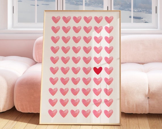 Hearts Print Pink Red Preppy Wall Art Pink Heart Love Poster Heart Nursery Decor Girly Room Decor Couple Gift Watercolor Print