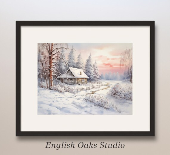 Snow Covered Log Cabin Among Pines at Sunset Winter Watercolor Poster
