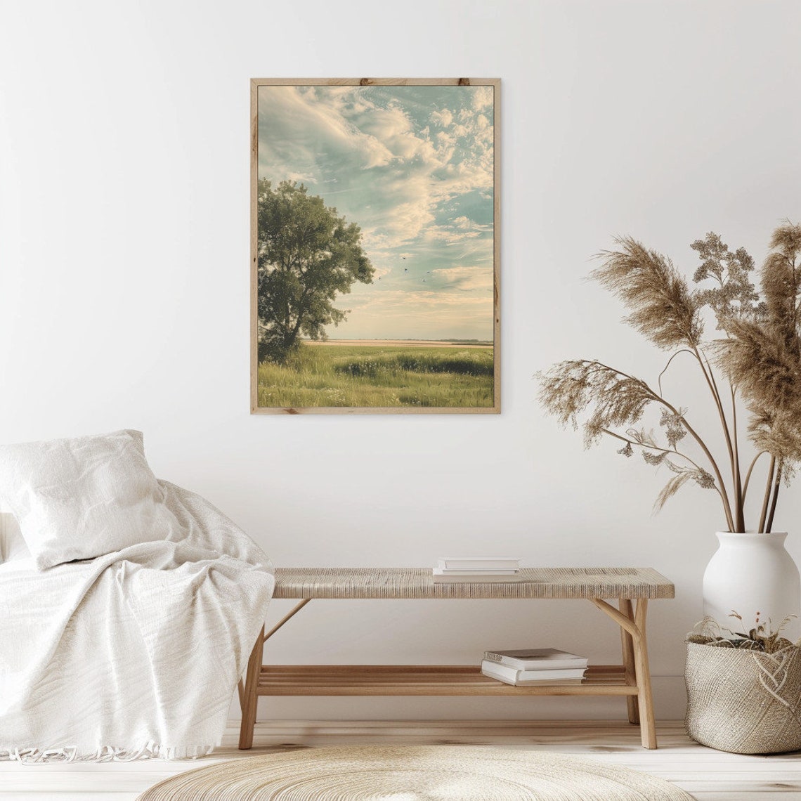 French Countryside Field With Big Tree And Birds Vintage Style Poster - Image 2